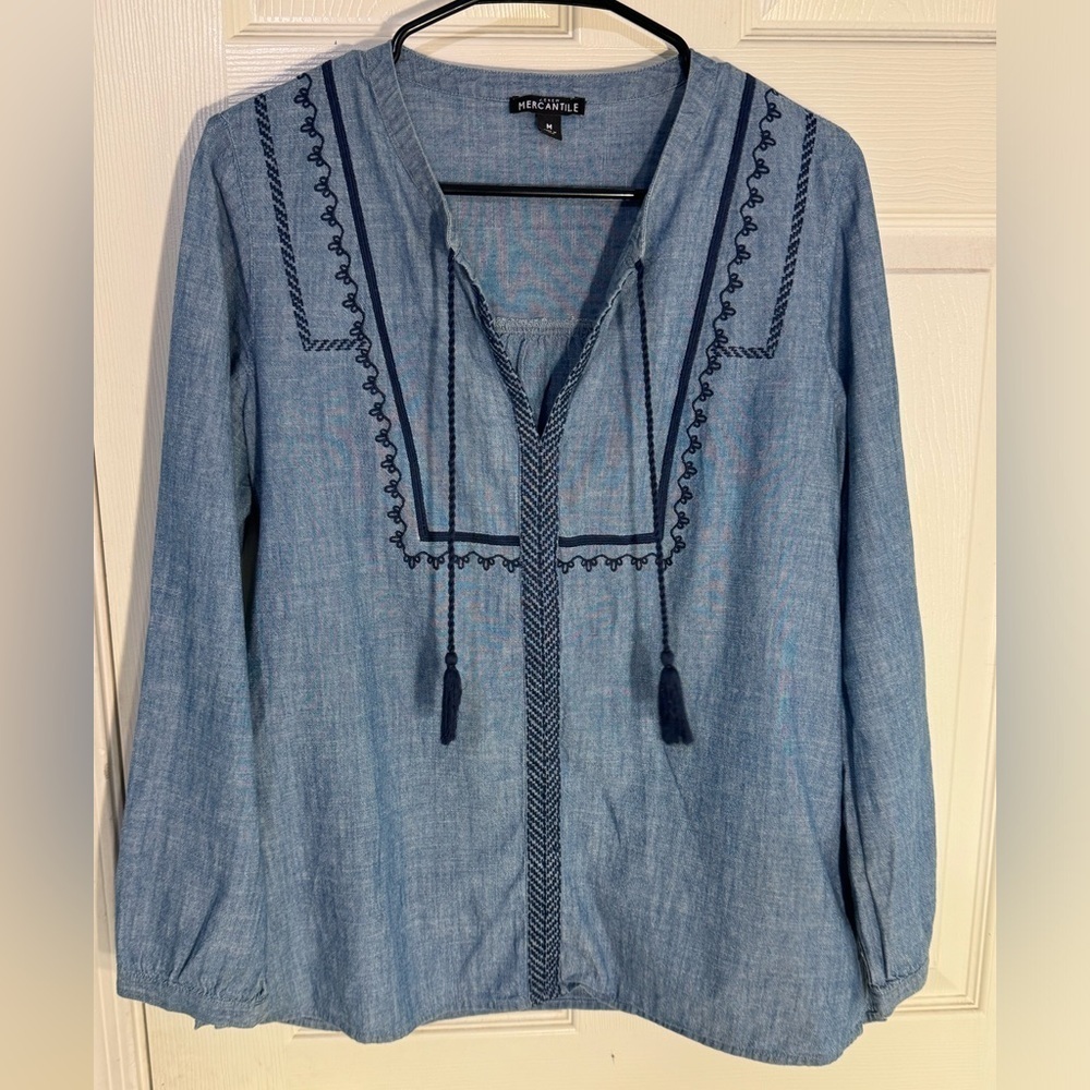J.CREW‎ J6507 Embroidered Peasant Boho Top-Blue-Cotton